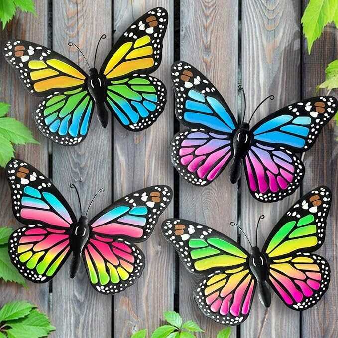 EOORAU Metal Butterfly Wall Art Outdoor Decor - 4 Pack Colorful Butterflies Wall Sculpture Hanging Decor for Home Yard Patio Garden Decorations, Idea Gifts for Mom Dad Friends