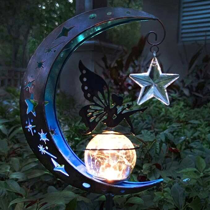 JoyEvy Outdoor Moon with Fairy Solar Light Garden Stake-34 Inch Fairy Garden Gifts Decor for Outside Lawn- Solar Lights Crackle Glass Globe Patio Landscape Pathway Decorations