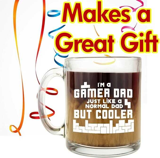 Make Em Laugh I'm a Gamer Dad, Just Like a Normal Dad But Cooler - Gaming Glass Coffee and Tea Mug - Best Cup Gift for Video Game Lover and Father's Day, 13oz White Gift Box Included
