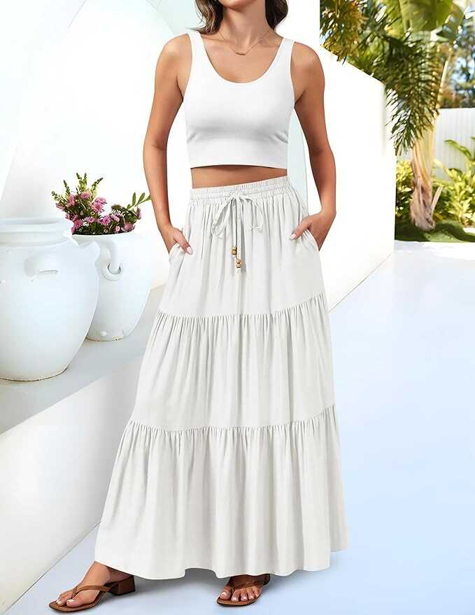 HAEOF Women's Summer Boho Elastic High Waist Maxi Skirt A-Line Flowy Swing Ruffle Tiered Long Beach Skirts with Pockets