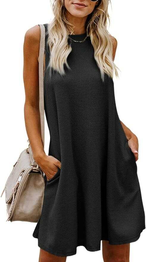 Dokotoo Womens 2023 Summer Dress Sleeveless Crew Neck Mini Tank Dress Short Flowy Sundress with Pockets