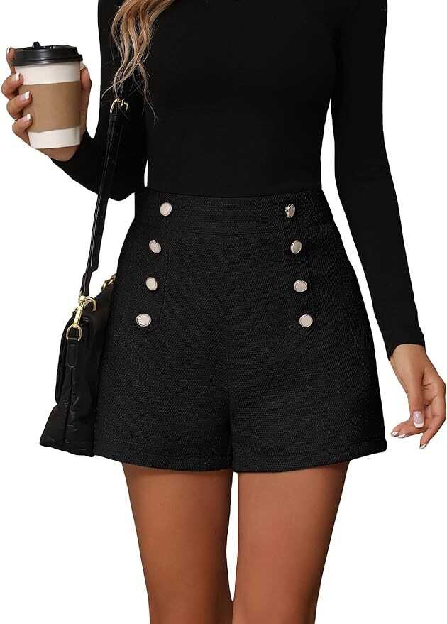 Floerns Women's High Waist Button Front Tweed Shorts Casual Wide Leg Shorts