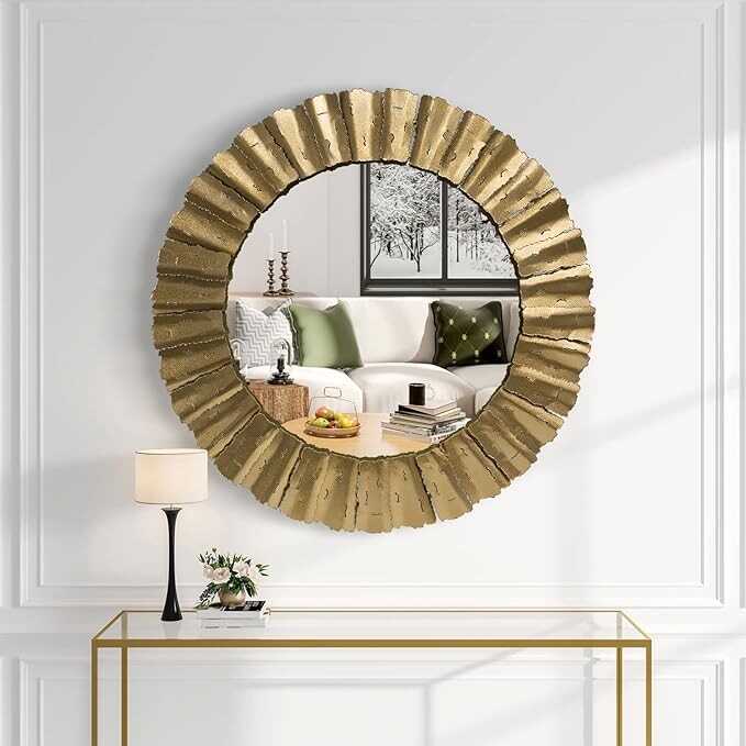 Gold Mirror, Handcrafted Round Wall Mirrors Decorative Modern Wall-Mounted Mirrors for Living Room, Entryway, Foyer, Hallway, Bedroom, 32IN Large Wall Mirror