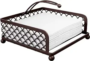Elegant Flat Paper Napkin Holder with Dispenser Arm - Oil Rubbed Bronze Napkin Holders for Table, Kitchen, Countertops & Outdoor Tables - Square Metal Lattice Basket Dinner Napkin Holder - (ORB)