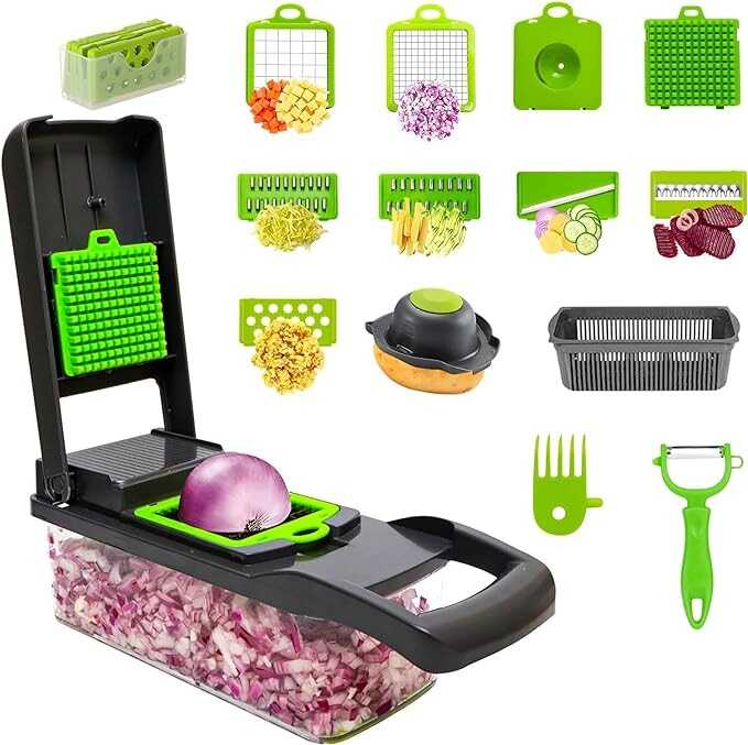 Vegetable Chopper,14 in 1 Multifunctional Food Chopper Pro Onion Mincer Kitchen Veggie Gadgets Slicer Dicer Cutter With 8 Blades & Strainer Basket,Carrot Potato Egg Slicer Cheese Grater With Container