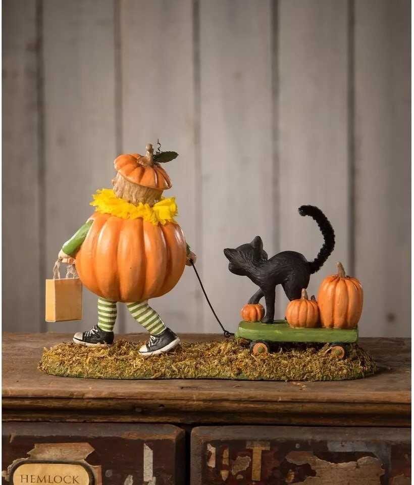 Bethany Lowe Pumpkin Paige with Wagon Black Cat Girl Costume Halloween Figure