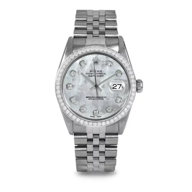 Pre-Owned Rolex 16014 Men's 36mm Datejust Wristwatch Mother of Pearl Diamond (3 Year Warranty)