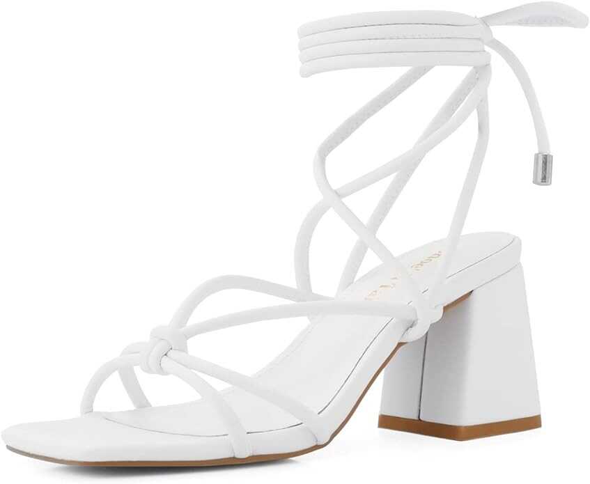 Shoe'N Tale Lace Up Heels for Women Ankle Strappy Gladiator High Heeled Sandals Chunky Block Heel Square Open Toe Criss Cross Dress Shoes