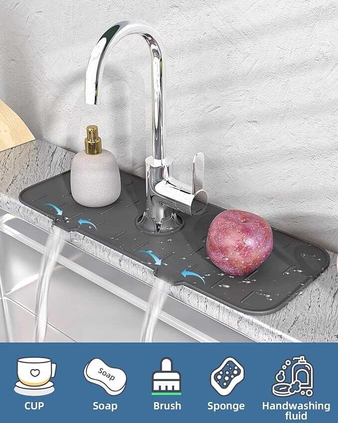 Kitchen Sink Splash Guard - Silicone Faucet Handle Drip Catcher Tray, Dish Soap Dispenser and Sponge Holder Mat Behind Faucet, Kitchen Guard Gadgets Sink Accessories for Kitchen Counter and Bathroom