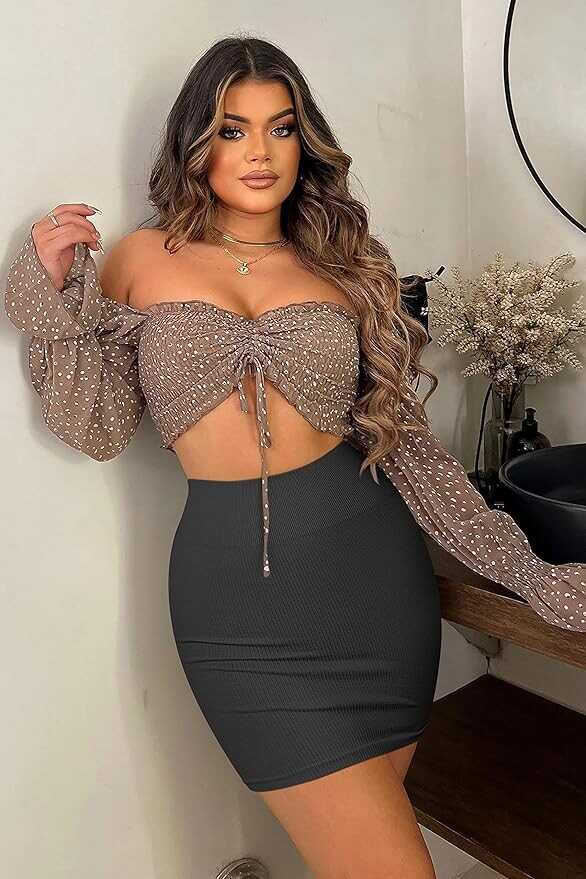 OQQ Women's 2 Piece Skirts Basic Versatile Stretchy Ribbed Casual High Waist Mini Skirt