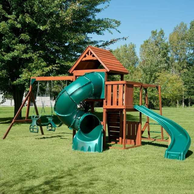 Swing-N-Slide Grandview Twist Wood Backyard Swing Set with Tube Slide, Curved Slide, Wood Roof, Monkey Bars and Swings
