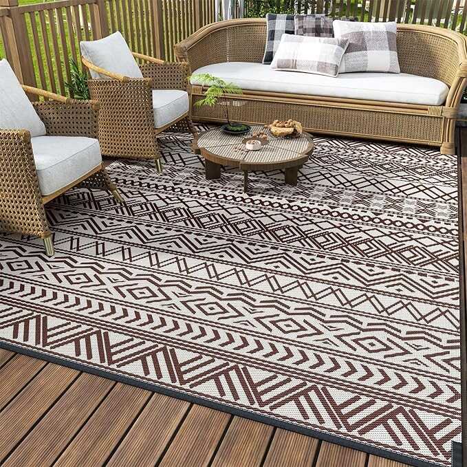 MontVoo-Outdoor Rug Carpet Waterproof 5x8 ft Reversible Patio Rug RV Camping Rug-Plastic Straw Rug Outside Indoor Outdoor Area Rug for Patio Deck Balcony Picnic Beach Outdoor Decor Boho Beige Brown