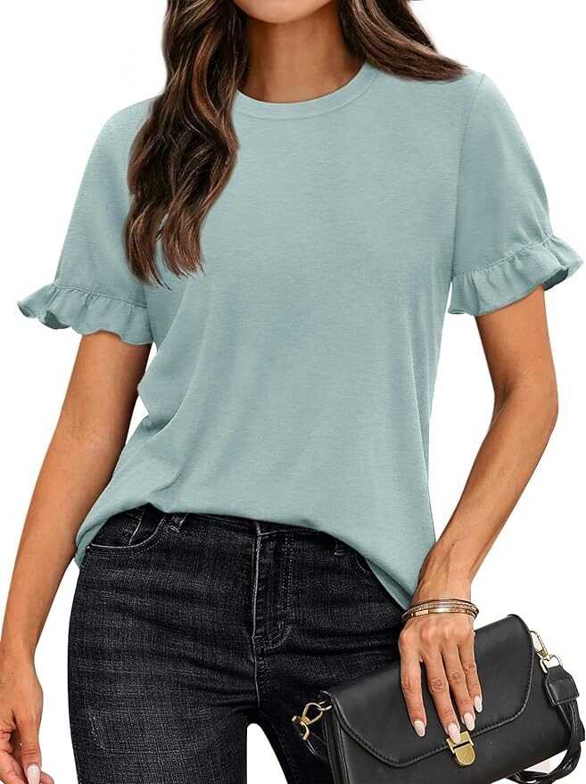 AUTOMET Womens Casual Cute Tops Ruffle Short Sleeve T Shirts Dressy Blouses Summer Spring Outfits Trendy Clothes