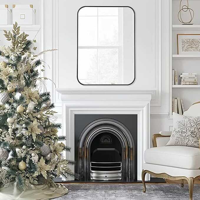 FARMER 20x28 Inch Rectangle Bathroom Mirror, Brushed Black Vanity Mirrors for Wall, Metal Frame Wall Mirror, Vanity Mirror with Round Corner for Bedrooms, Entryways, Living Rooms, Horizontal/Vertical