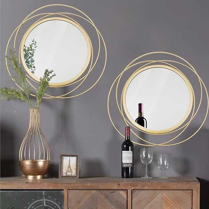 2 Set 15.7'' Gold Circle Mirrors Wall Decor Iron Frame Mirrors Art Round Home Hanging Mirrors for Living Room/Bedroom/Bathroom/Entryway (Medium Size 15.7 inch)