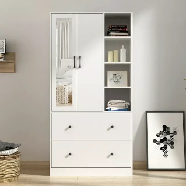 Hitow 2 Door Wardrobe Armoire, White Closet Storage Organizer with Two Drawers, Telescopic Clothing Rod and Shelves for Bedroom