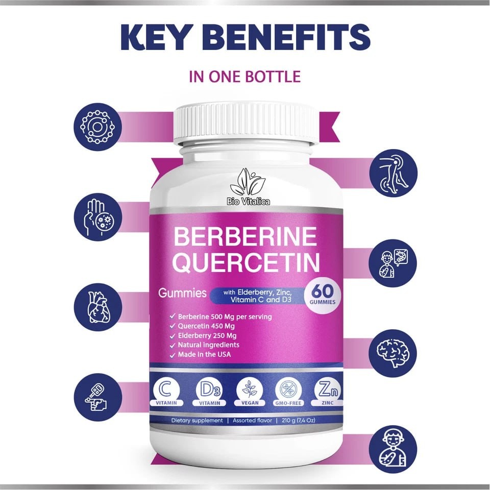 (2 Pack) Berberine Quercetin Gummies - Vitamin C D3 Zinc & Elderberry 5 in 1 Mix