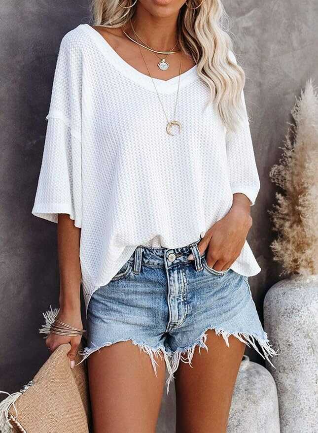 Dokotoo Women's Causual V Neck Short Sleeve Shirts Waffle Knit Loose Tunic Tops Blouses