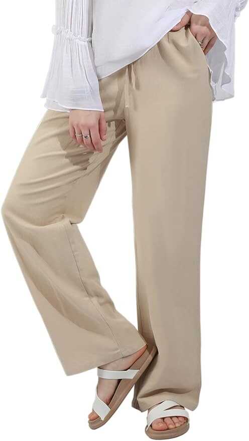 utcoco Women's Cotton Linen Drawstring High Waisted Pants Casual Loose Fit Wide Leg Trousers