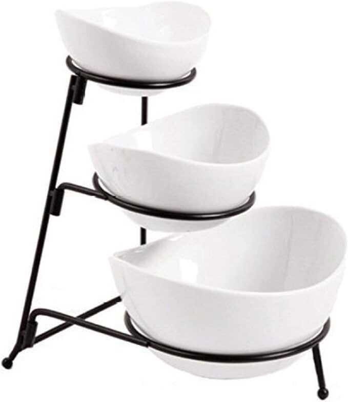 Partito Bella 3 Tier White Oval Bowl Set with Collapsible Thicker Metal Rack - Perfect Display for Chips, Dips, Candy, Fruit and More Collapsible Stand with Nesting Bowls for Easy Storage