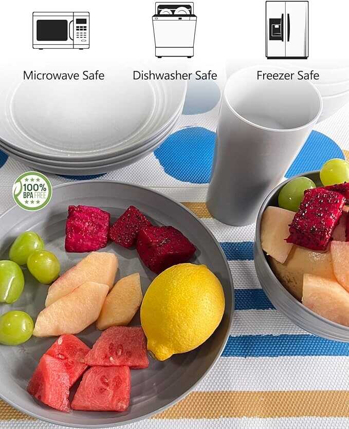KITWILD Wheat Straw Dinnerware Sets, 12-Piece Lightweight Plastic Dinnerware Set with 8.9 Inch Unbreakable Plates, Bowl Set and Cup Set, BPA free, Dishwasher & Microwave Safe, Service for 4 - Grey