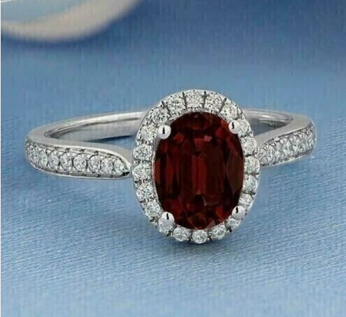 2.20Ct Oval Cut Lab Created Red Ruby Halo Engagement Ring 14k White Gold Plated