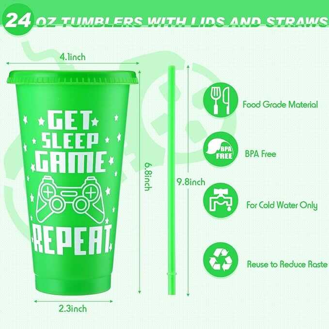 Mifoci Gaming Party Favor Video Game Plastic Reusable Cute Cups with Lids and Straws Gamer Tumbler Iced Coffee Travel Mug Water Bottle for Adult Kid Game Birthday Party Supplies (12 Pcs)