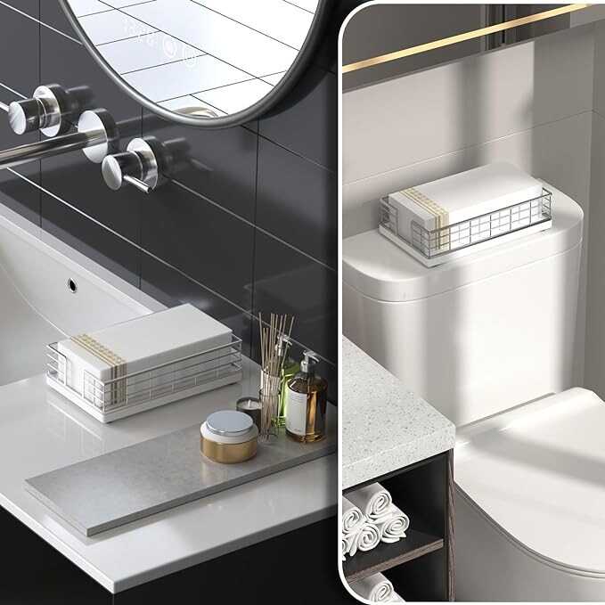 Wican Guest Towel Holder Tray for Bathroom, Oak and Iron Napkins Holder for Powder Room Dinning Table Wooden Basket for Disposable Paper Hand Towels Silvery and White