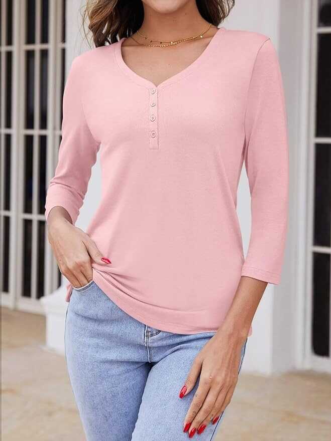 TICTICMISS Women's V Neck 3/4 Sleeve Tops Solid Shirts Casual Summer Tees