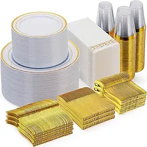 Goodluck 700 Piece Gold Dinnerware Set for 100 Guests, Disposable for Party, Include: 100 Gold Rim Dinner Plates, 100 Dessert Plates, 100 Paper Napkins, 100 Cups, 100 Gold Plastic Silverware Set