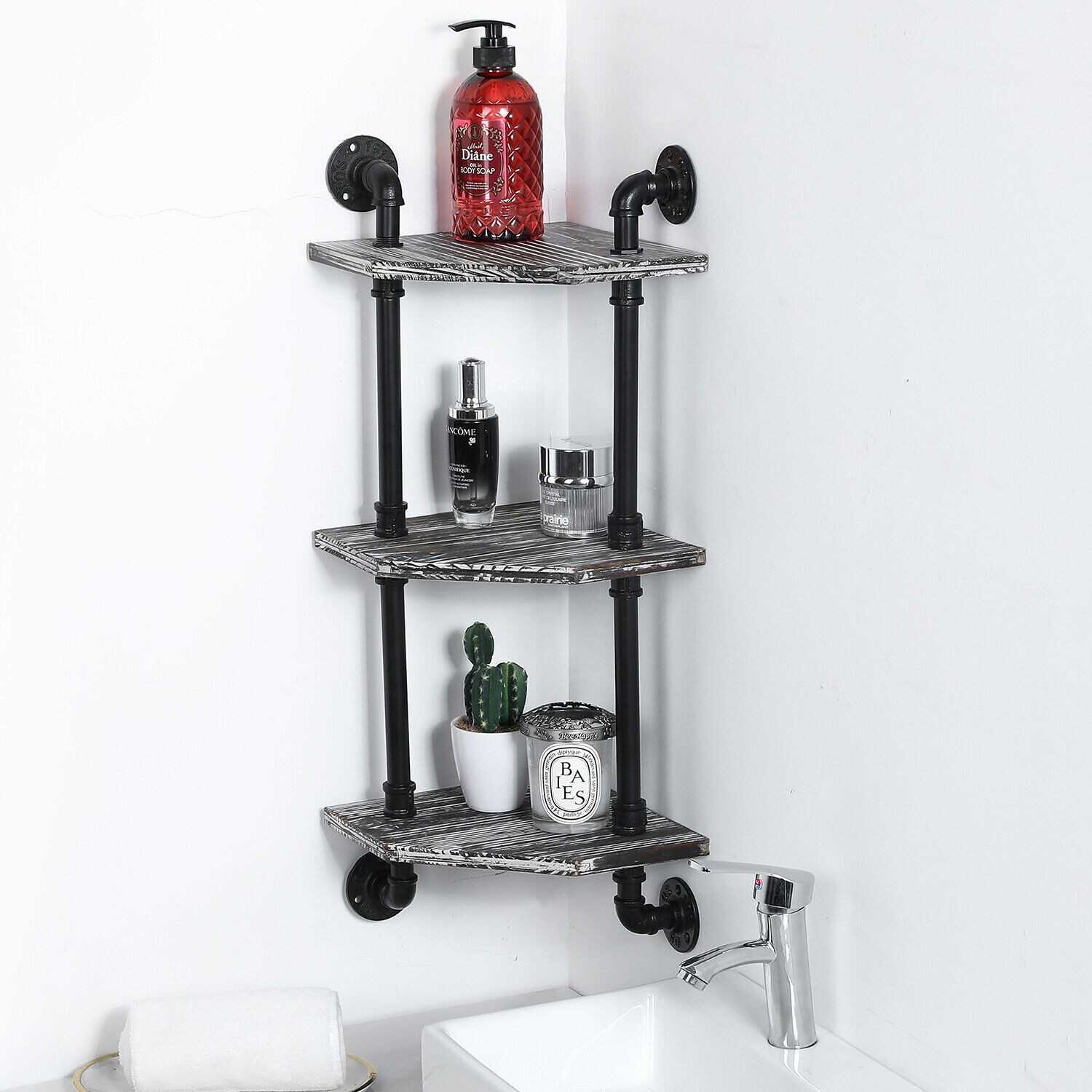 3 Tier Rustic Torched Wood Corner Display Shelves w/ Industrial Metal Pipe Frame