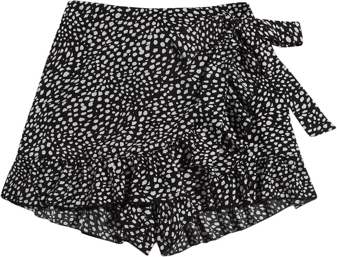 MakeMeChic Women's Boho Floral Print Elastic Waist Ruffle Wrap Tie Skorts Skirt Skorts