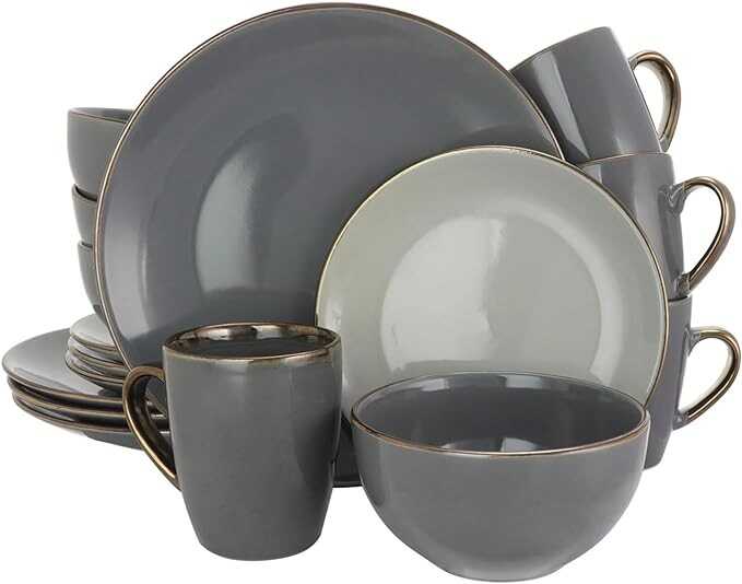 Elama Round Stoneware Grand Collection Dinnerware Dish Set, 16 Piece, Assorted Solid Gray