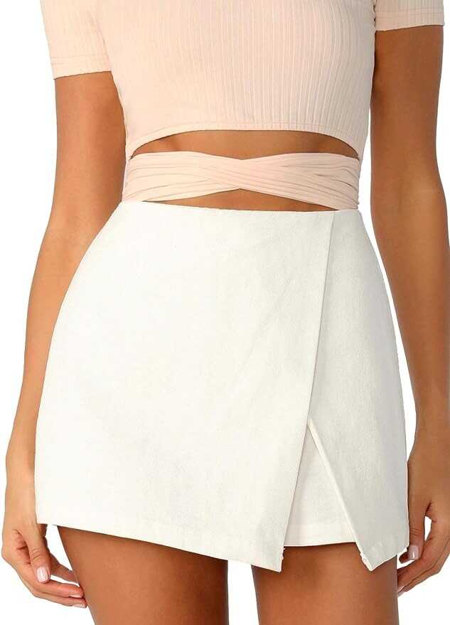 WDIRARA Women's Casual Mid Waist Zip Back Split Front Summer Solid Wrap Shorts