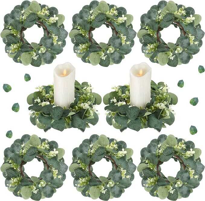 8 Pcs Candle Rings Artificial Eucalyptus Leaves Wreaths Candle Rings Wreaths Greenery Wreath Candle Rings for Pillars Boho Wreath Pillar Candleholders for Wedding Party Home Table Door(Vivid Style)