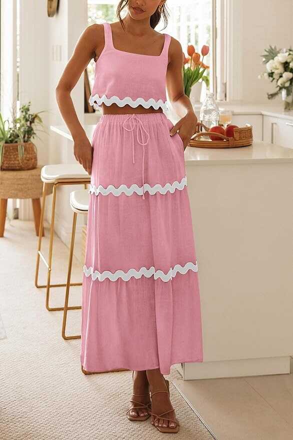 Pretty Garden Womens 2 Piece Summer Casual Sleeveless Cropped Tank Top High Waisted Maxi Skirt Set