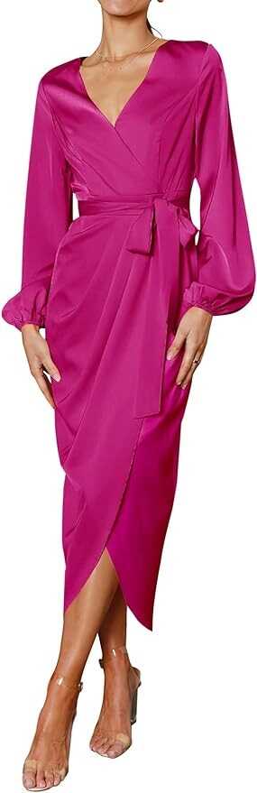 Pretty Garden Womens Puff Sleeve Wrap V Neck Ruched Belted Long Formal Satin Cocktail Dress