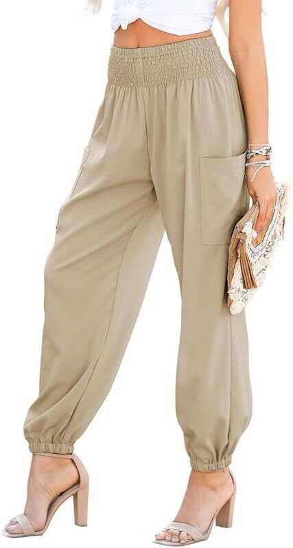 Dokotoo Womens Summer Boho Business Casual Smocked High Waisted Cargo Long Pants with Pockets