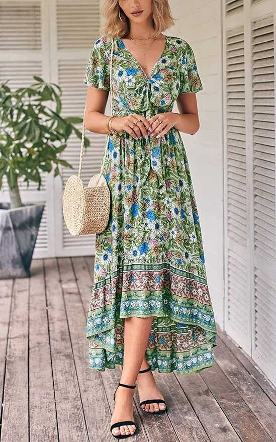 PRETTYGARDEN Deep V Neck Bohemian Floral Summer Dresses for Women 2023 Cutout Short Sleeve Casual Party Beach Maxi Dress