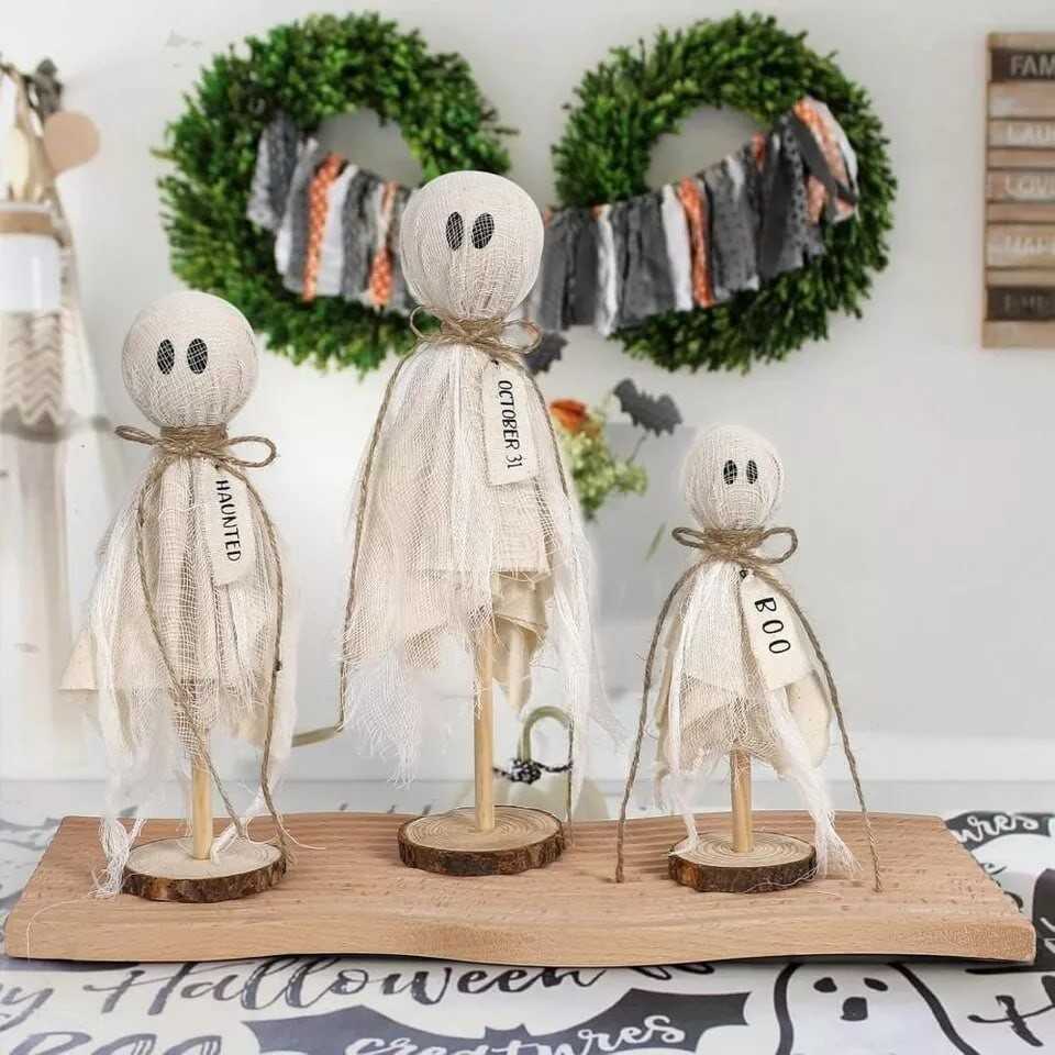 Primitive Set of 3 Halloween Ghosts Spooky Ghost Ornaments