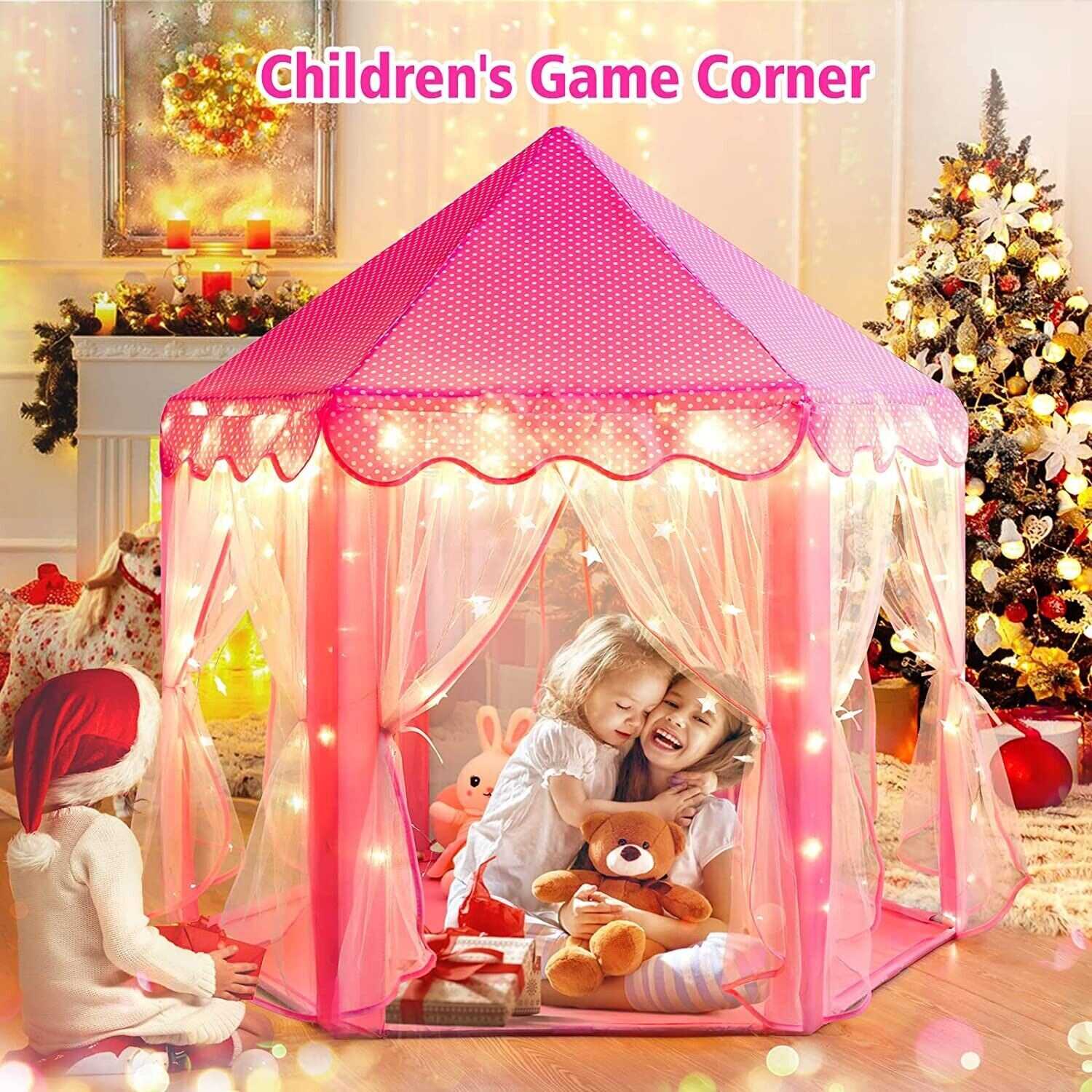 Large Playhouse Castle Play Tent with Star Lights Toy for Kids Girls Game (Pink)