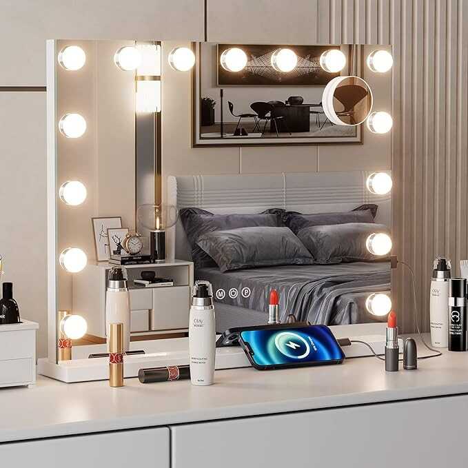 RICHTOP Hollywood Lighted Makeup Mirror, Vanity Mirror with Lights w/ 15pcs 3 Colors Light Dimmable LED Bulbs with 10X Magnification, Tabletop & Wall Mounted Mirror with Plug-in and USB Port