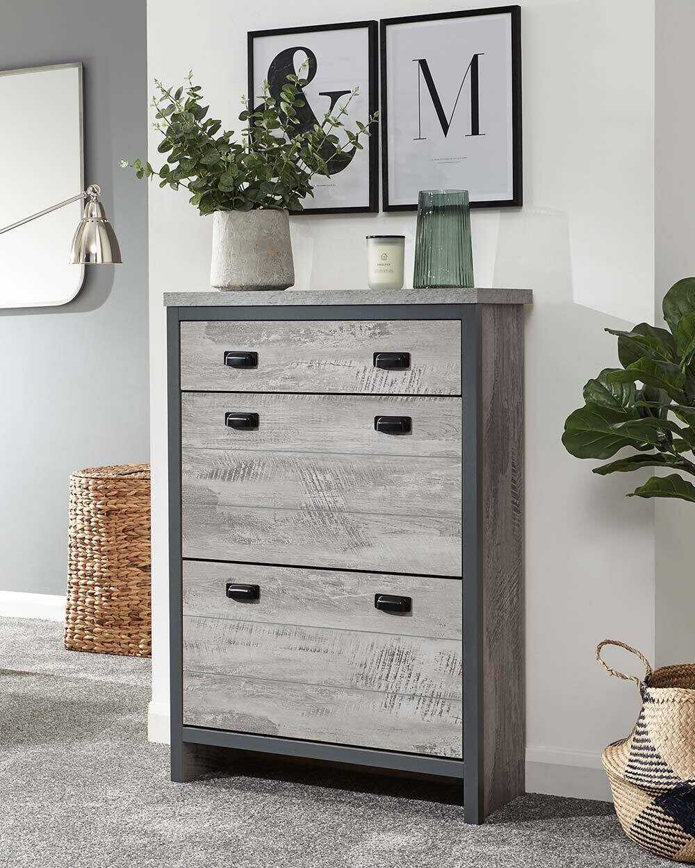 Boston 2 Tier 1 Drawer Shoe Cabinet Grey Slim Shoe Storage Hallway Porch