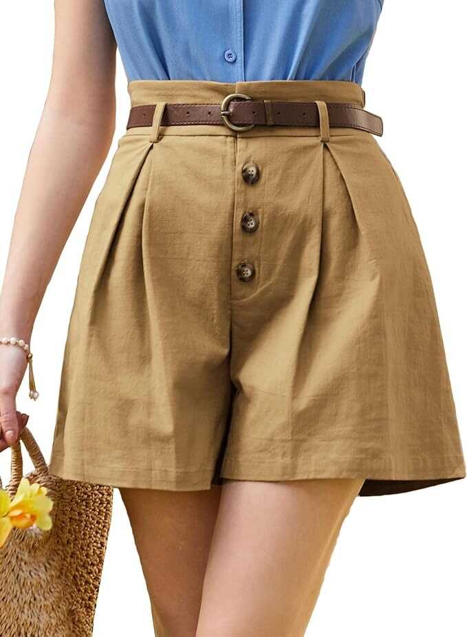 Belle Poque Womens Shorts Dressy Casual High Waisted Summer Pleated Wide Leg Shorts with Pockets and Belt