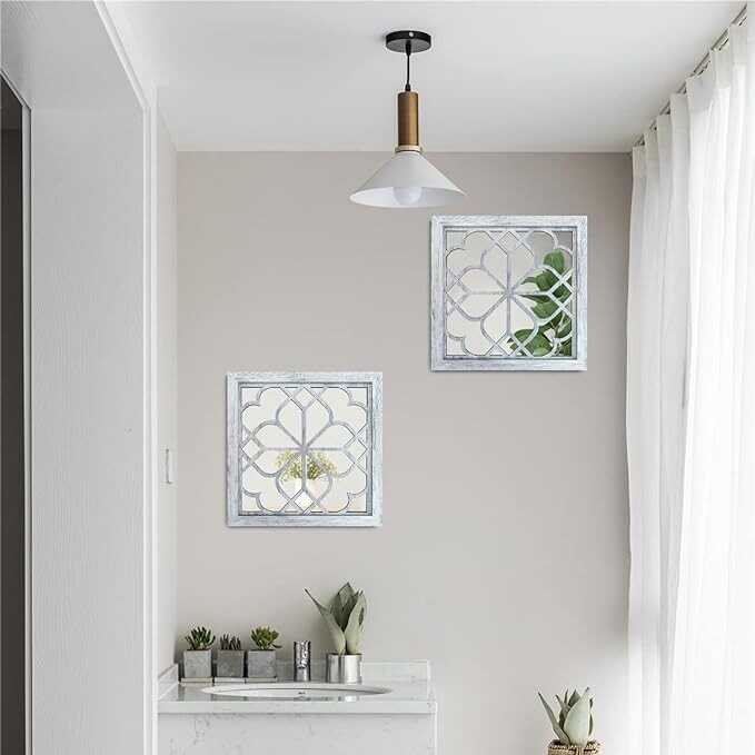 Wocred 2 PCS Square Wall Mirror,Gorgeous Rustic Farmhouse Accent Mirror,Rustic White Color Entry Mirror for Bathroom Renovation,Bedrooms,Living Rooms and More(12”x12”)