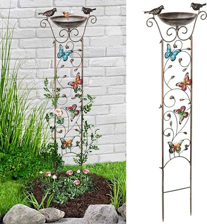 Roll over image to zoom in       LEWIS&WAYNE Garden Trellis Bird Bath Outdoor, 40 Inch Antique Iron Garden Plant Trellis Decorative with Butterflies and Detachable Drinking Basin Bowl, Free Standing B