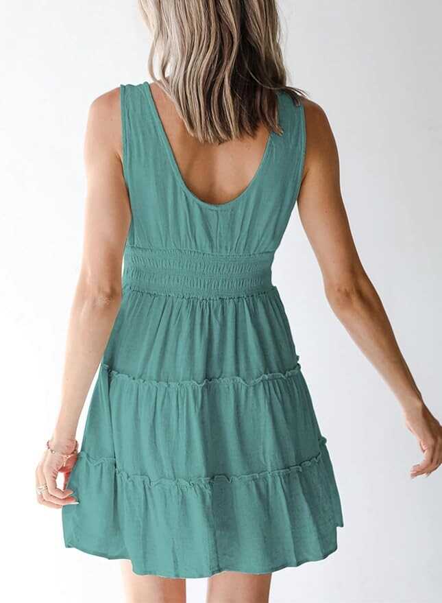 Dokotoo Womens Summer Dresses 2024 Sleeveless Button Down Smocked Elastic Waist Ruffle Tiered Casual Swing Mini Dress