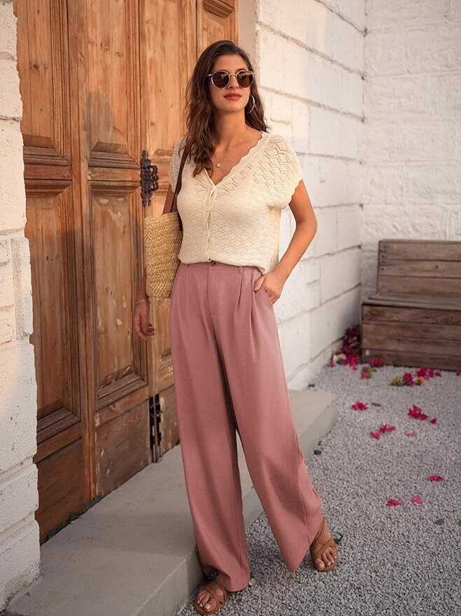 GRACE KARIN Wide Leg Pants Women's Linen High Waisted Business Casual Straight Long Trousers Palazzo Pants