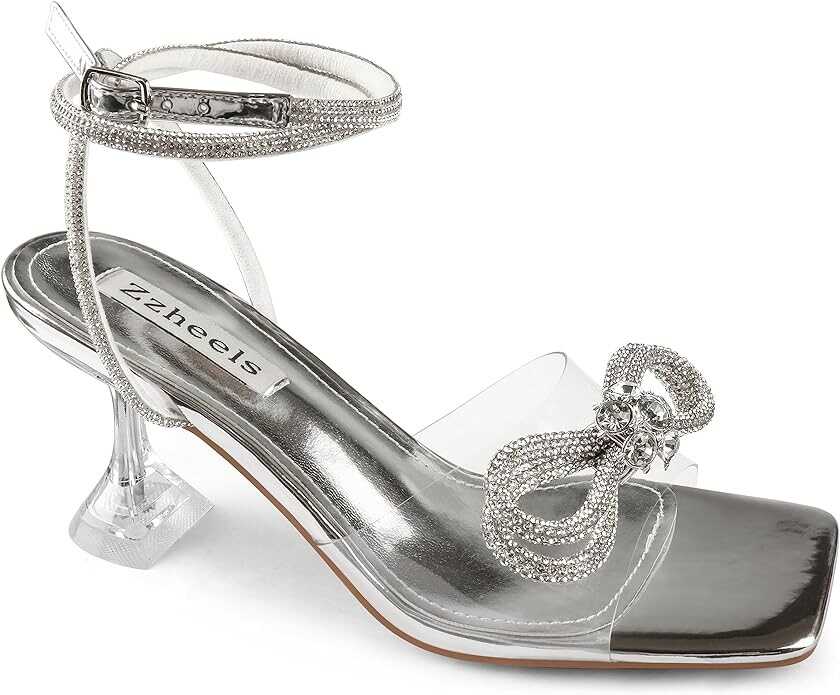 Zzheels Double Bowknots Crystal Sandals Clear Slingback Heels Square Toe Shoes for Party Wedding