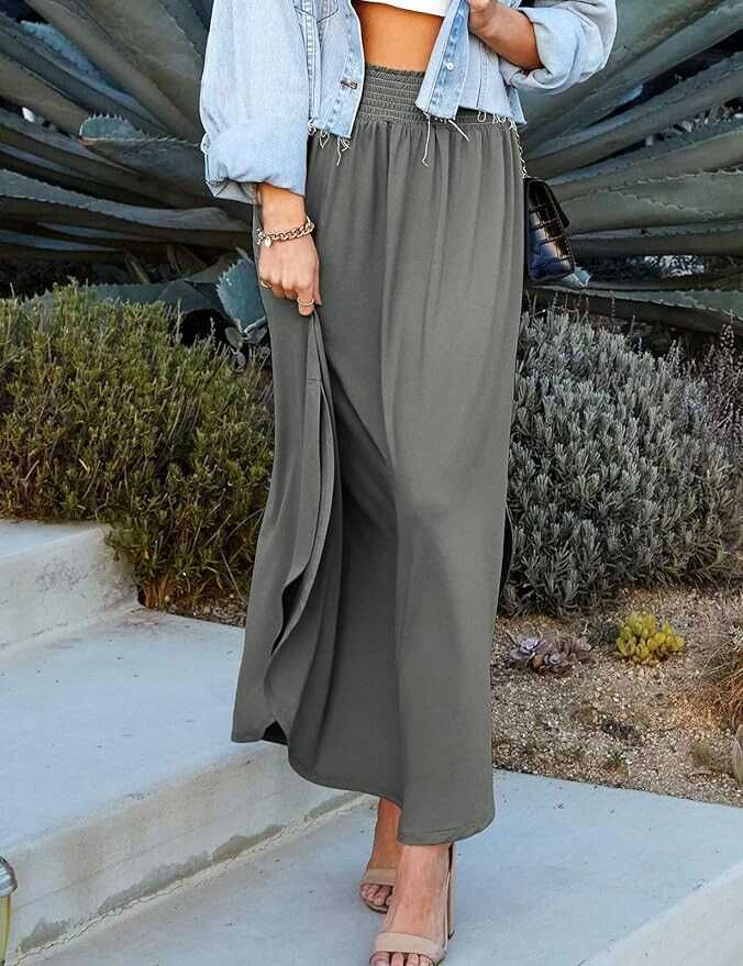 DOUBLJU Casual High Waisted Maxi Skirts with Pockets Elastic Wide Waist Band Side Deep Slit Skirt for Womens with Plus Size